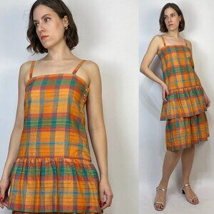 Vintage 1980s Orange PLAID TIERED Drop Waist Midi Dress -- Small to Medium